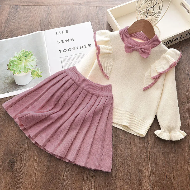 2-piece Toddler Girl Bowknot Flounced Knitted Sweater and Pleated Skirt Set