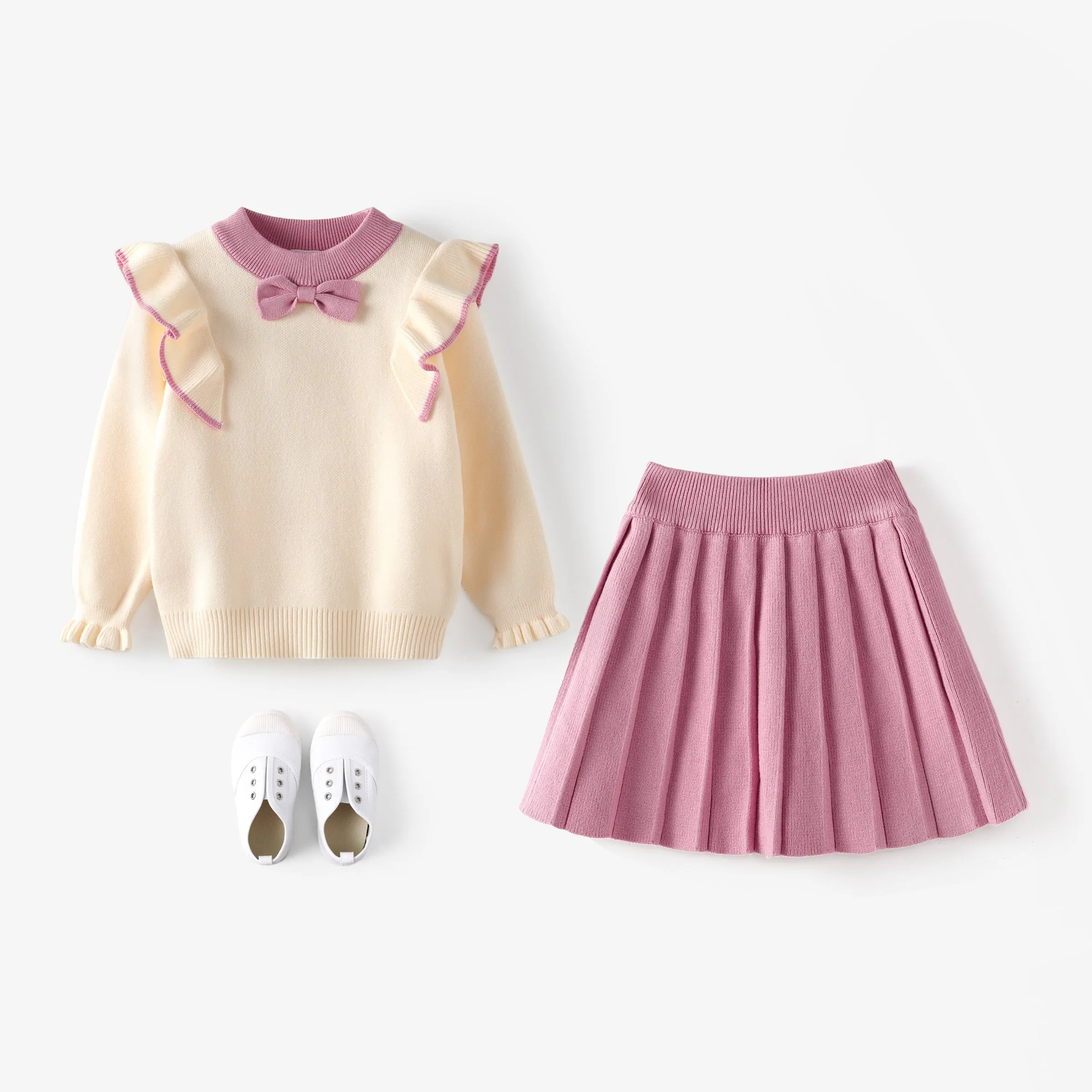 2-piece Toddler Girl Bowknot Flounced Knitted Sweater and Pleated Skirt Set