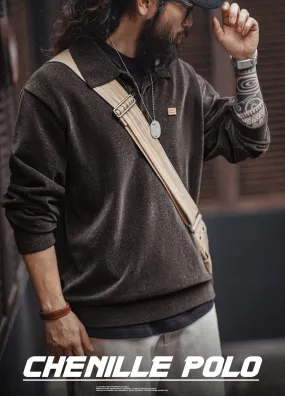 American Retro Chenille Half-Open Polo Loose Lapel Pullover Men's Sweater