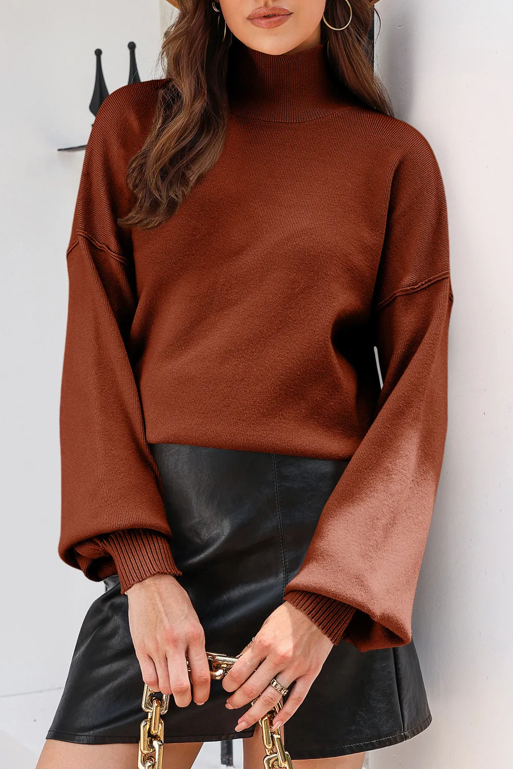 Black Turtleneck Drop Shoulder Bubble Sleeve Knit Sweater