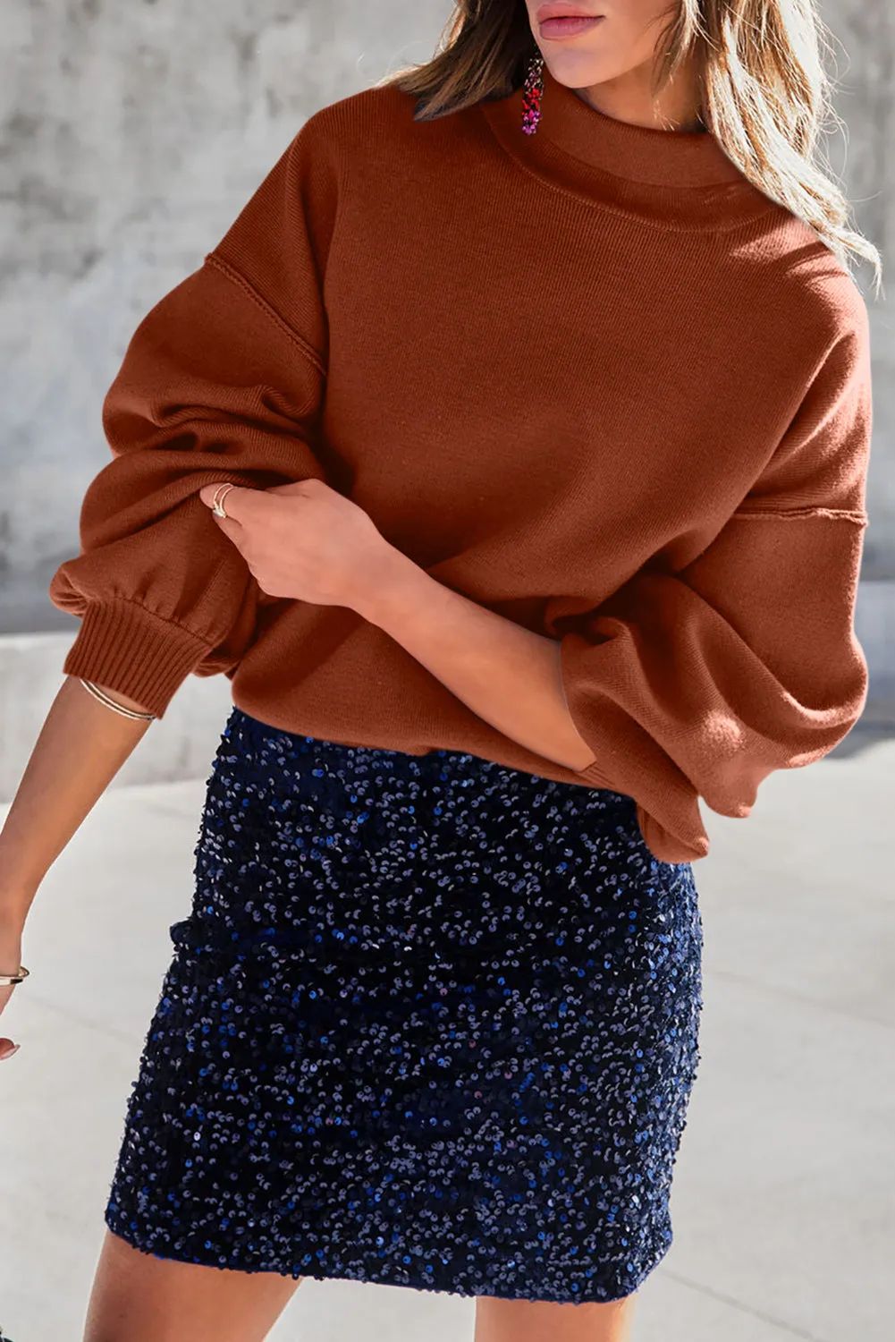 Black Turtleneck Drop Shoulder Bubble Sleeve Knit Sweater