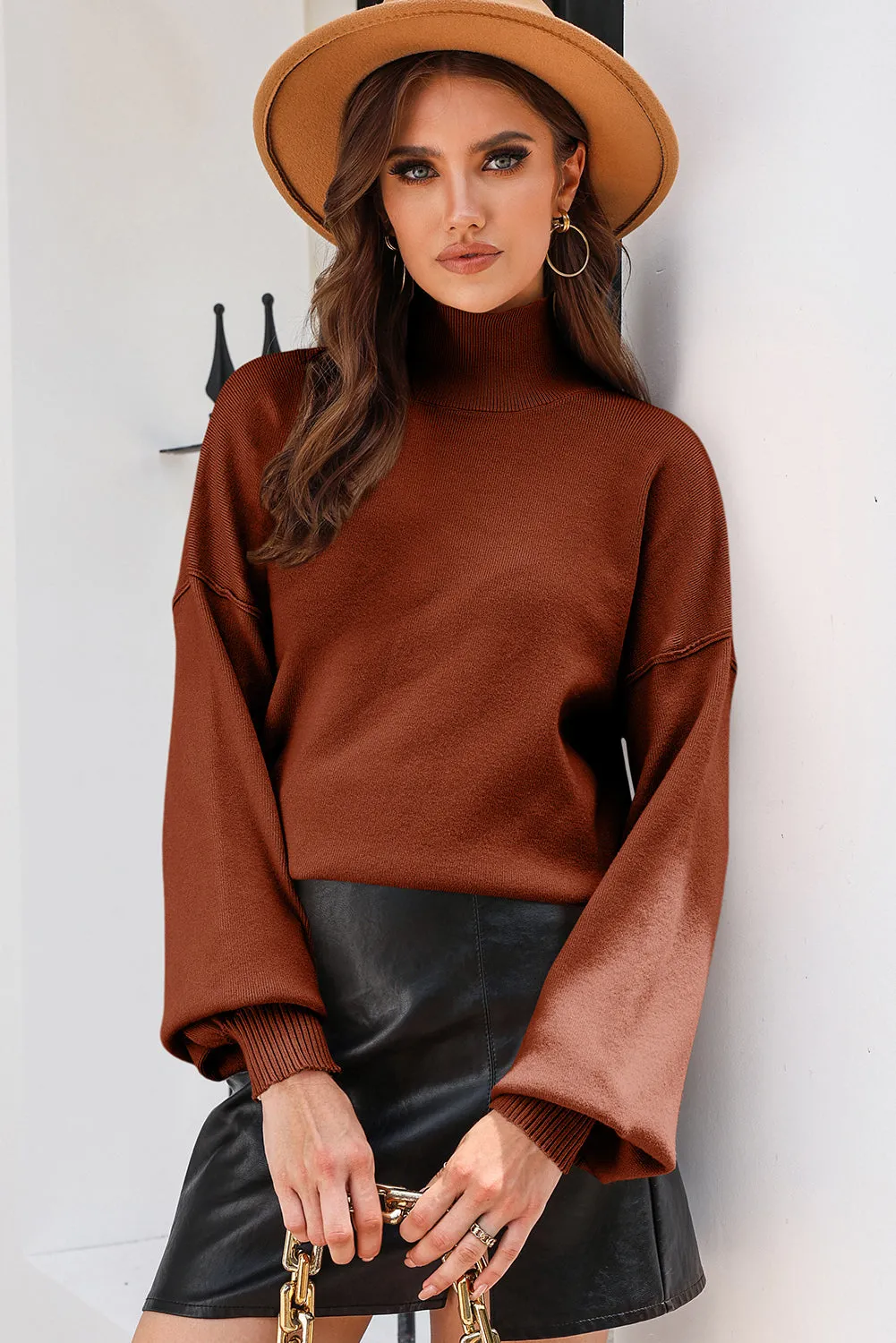Black Turtleneck Drop Shoulder Bubble Sleeve Knit Sweater