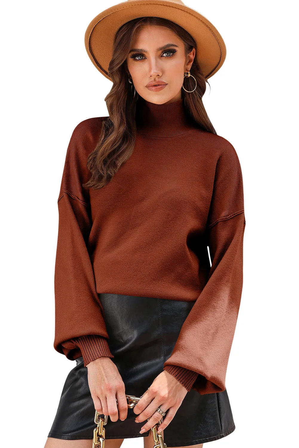 Black Turtleneck Drop Shoulder Bubble Sleeve Knit Sweater