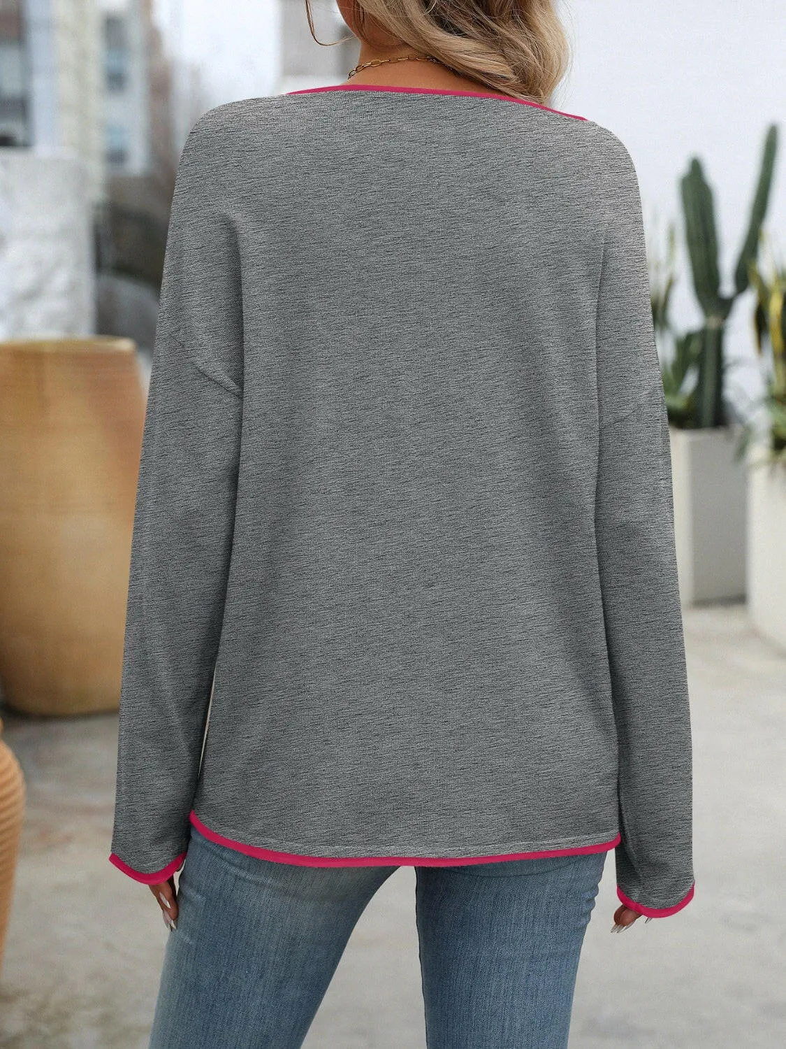 Contrast Trim Round Neck Long Sleeve Sweater