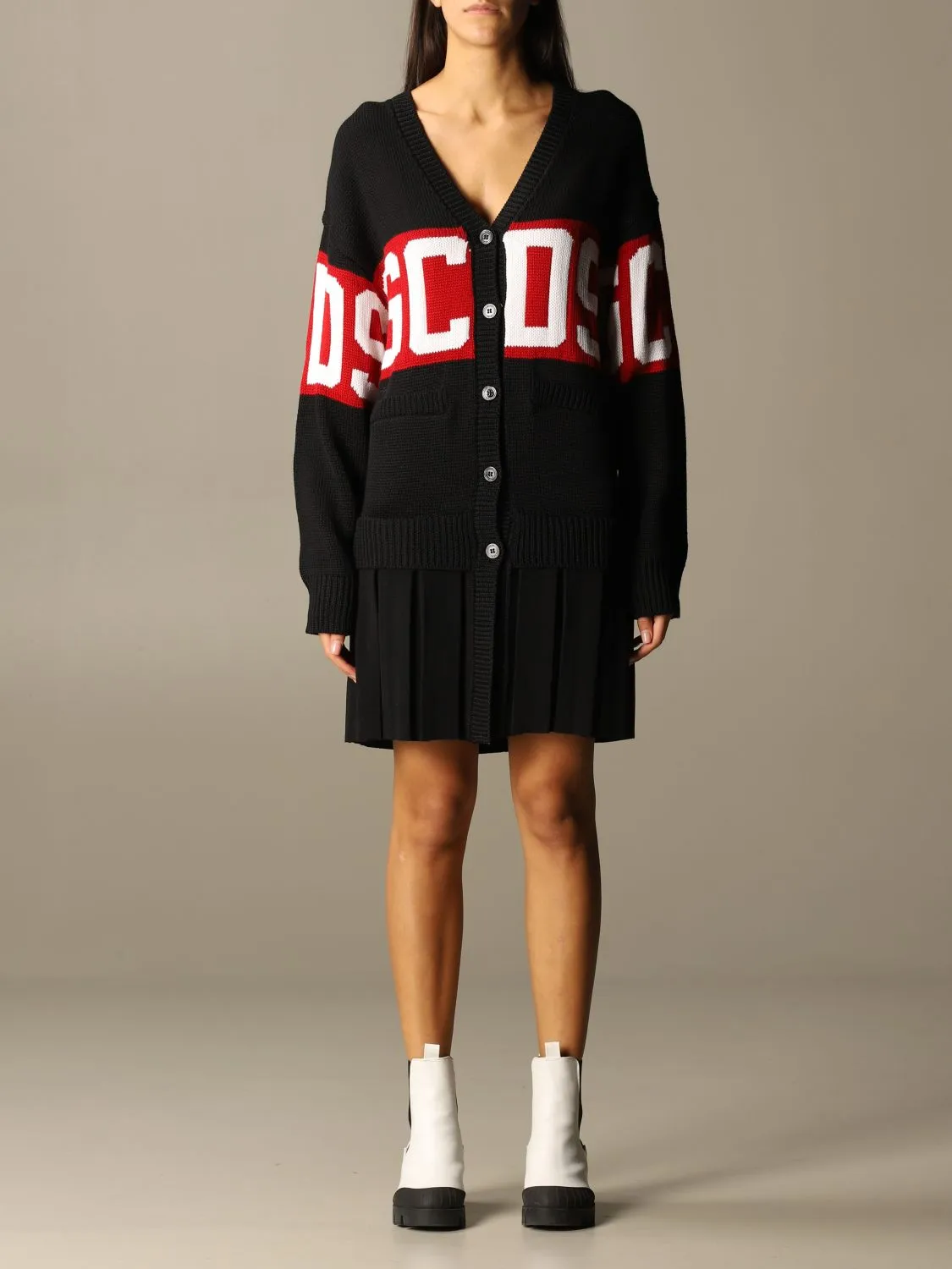 GCDS Woman Logo Sweater Cardigan Dress Black