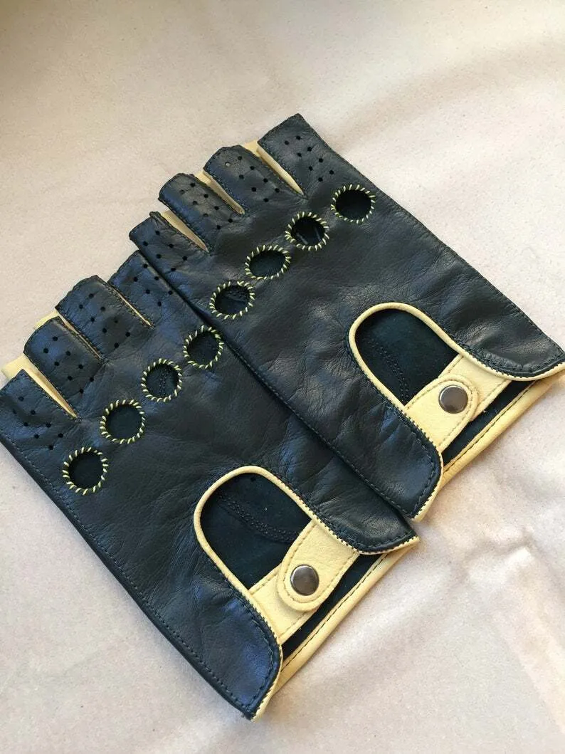 Green & Yellow Driving Cycling Fitness Leather Handmade Gloves for Ladies