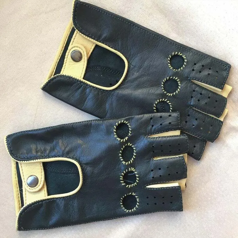 Green & Yellow Driving Cycling Fitness Leather Handmade Gloves for Ladies