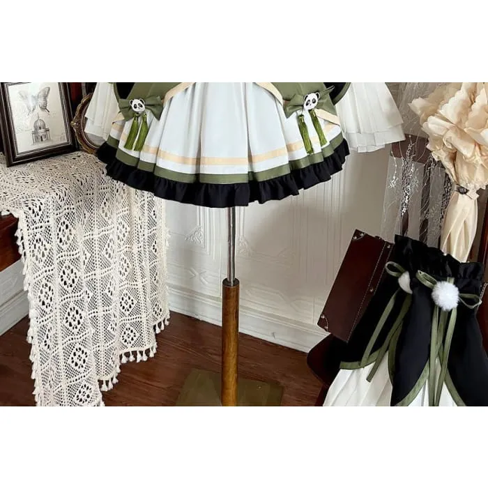 Lolita Flared-Sleeve Panda Embroidered Cropped Blouse / Two Tone Bow Pinafore Dress / Ruffle Leg Warmers / Set