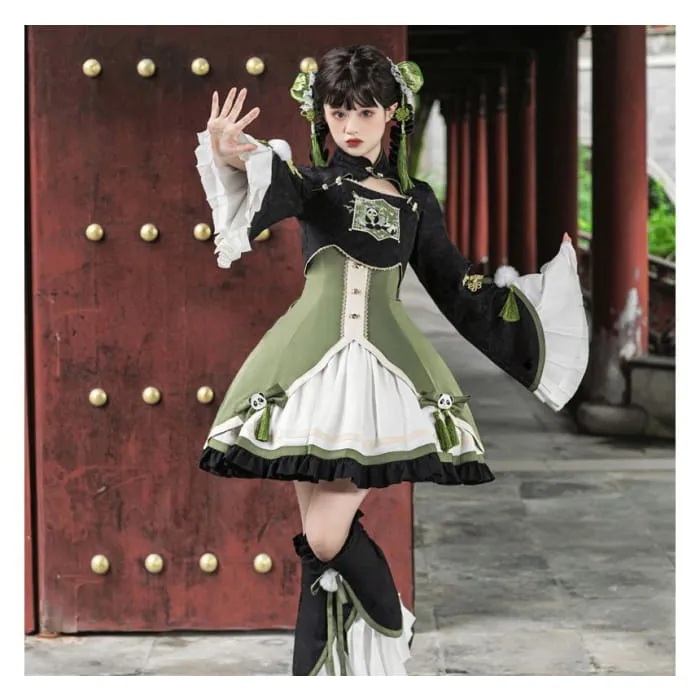 Lolita Flared-Sleeve Panda Embroidered Cropped Blouse / Two Tone Bow Pinafore Dress / Ruffle Leg Warmers / Set