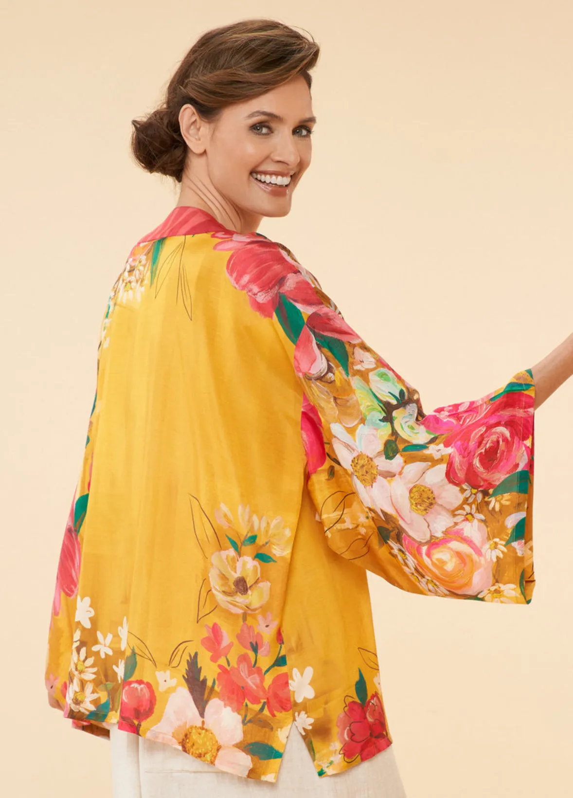 Powder Impressionist Floral Kimono Jacket - Mustard