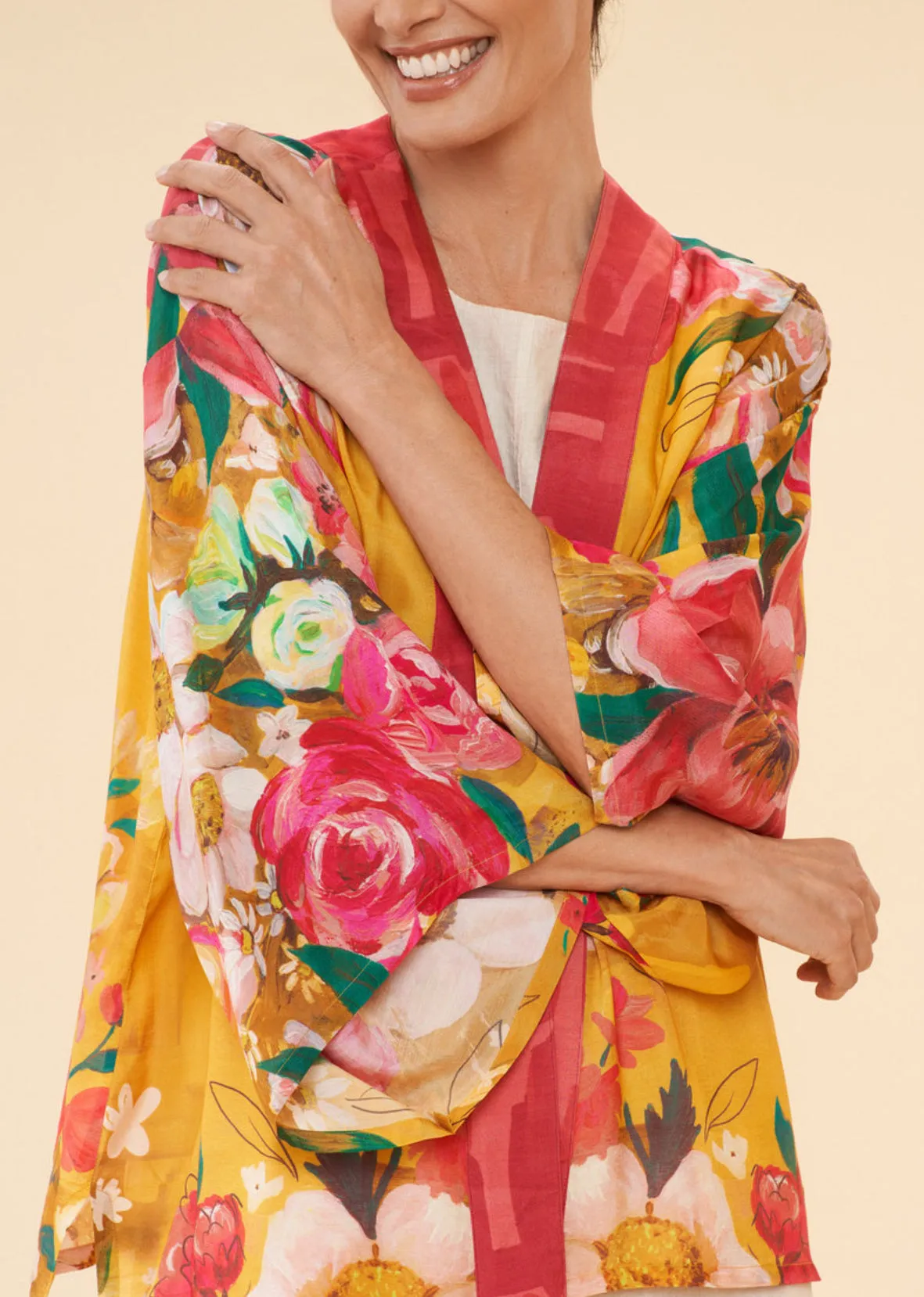 Powder Impressionist Floral Kimono Jacket - Mustard