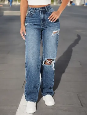 Trendy Straight-Leg Ripped Jeans for Women - European and American Style