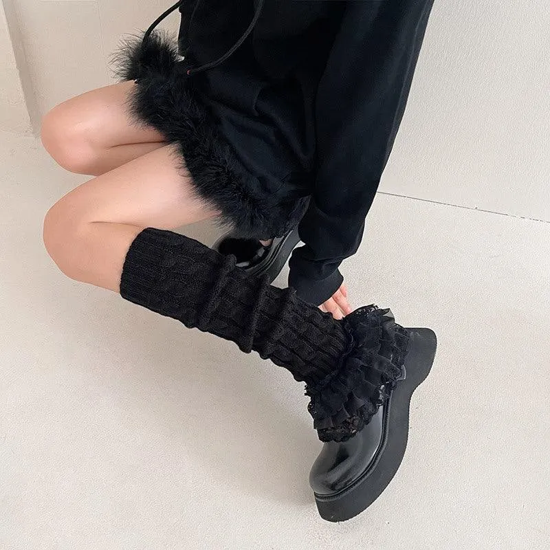 Women's Fashion Multi-layer Lace Twist Stripes Knitted Leg Warmers