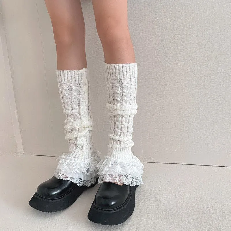 Women's Fashion Multi-layer Lace Twist Stripes Knitted Leg Warmers